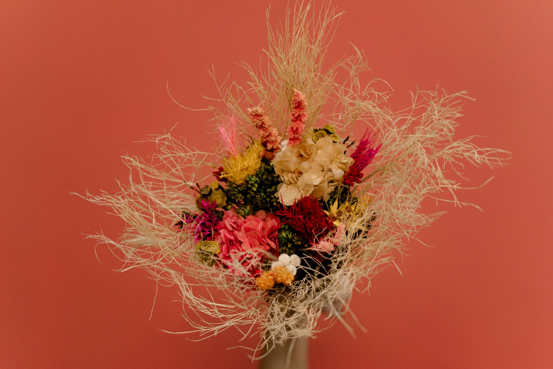 An arrangement of colorful dried flowers against a coral backdrop