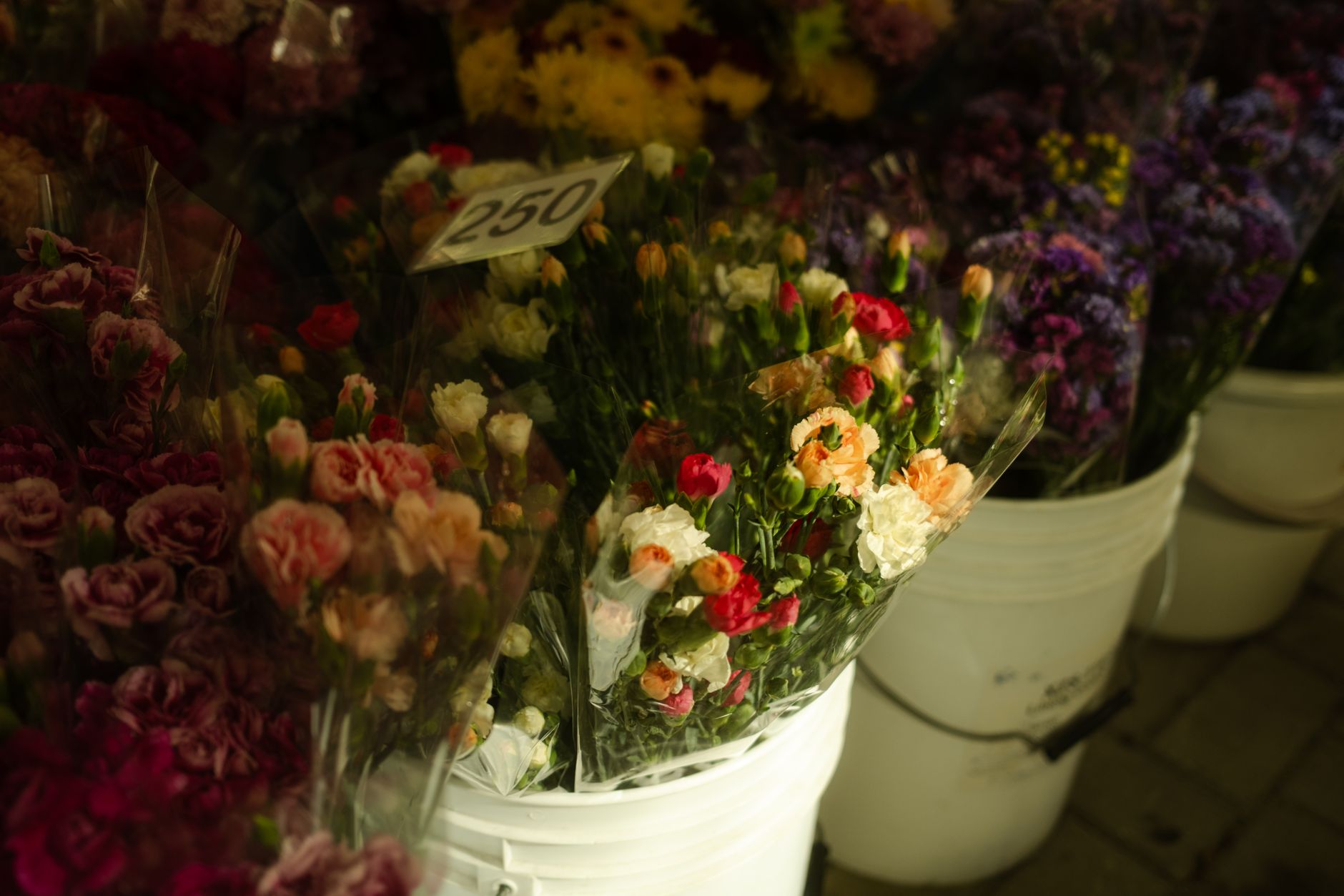 Colorful flower bouquets in white buckets at a flower market